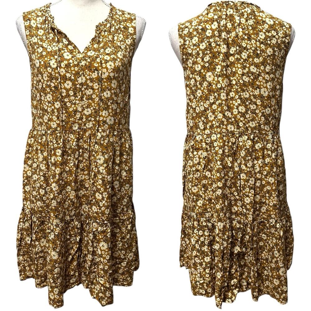 Old‎ Navy Brown Yellow Ditsy Floral Swing Tie Neck Mini Dress Women's S Boho